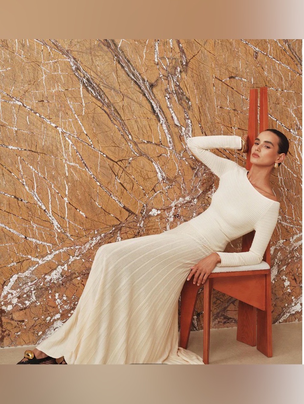 COMMENSE Off-Shoulder Cream Textured Knit Maxi Dress Size Small NWT